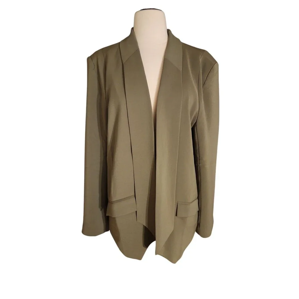Quince Open Front Blazer Womens L Stretch Crepe Olive Office Career Shark Hem - Picture 2 of 11